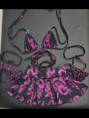 Black & Hot Pink Dragon Print Set with Skirt BODY LANGUAGE rave Festival Outfit